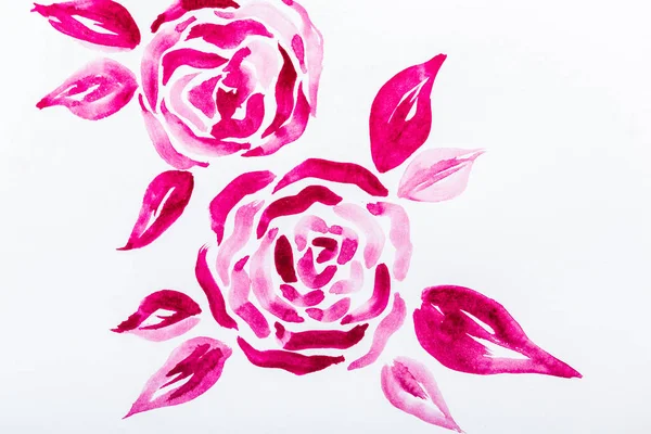 Vista superior de flores de aquarela rosa com folhas no fundo branco — Fotografia de Stock