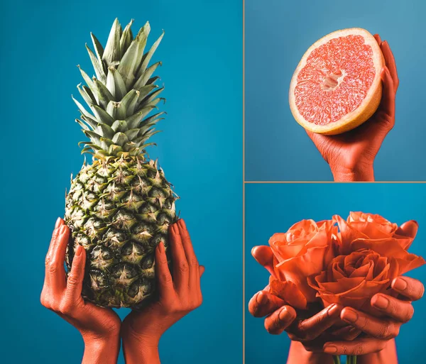 Collage mit Früchten und Blumen in korallenfarbenen weiblichen Händen auf blauem Hintergrund, Farbe des Konzepts 2019 — Stockfoto