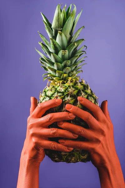 Cropped view of woman holding ripe pineapple fruit in coral colored hands on violet background, color of 2019 concept — Stock Photo