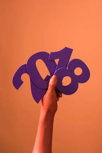 Partial view of coral colored female hands with violet paper cut 2018 numbers on coral background, color of 2019 concept — Stock Photo