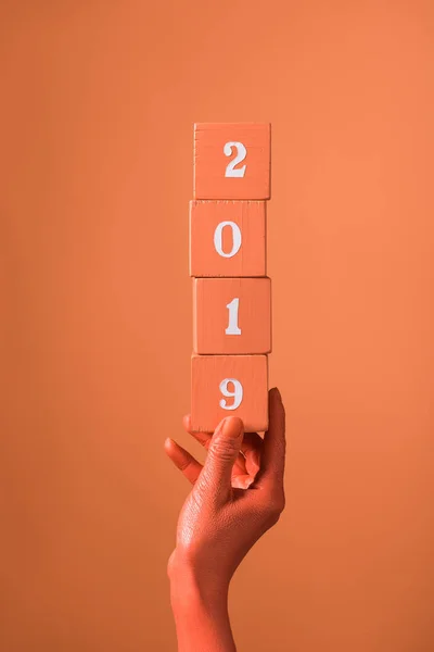 Partial view of woman holding coral wooden cubes with 2019 numbers on coral background, color of 2019 concept — Stock Photo