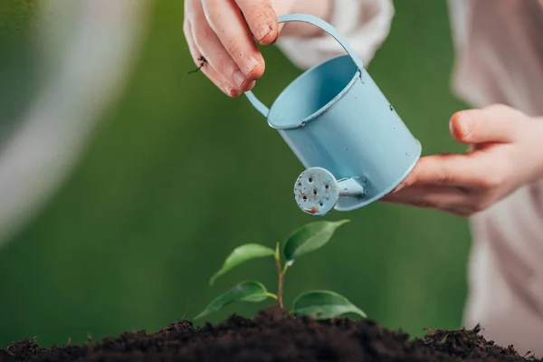 Selective focus of child holding blue toy watering can and young green plant on blurred background, earth day concept — Stock Photo
