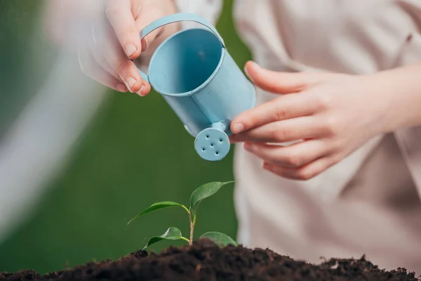 Selective focus of kid holding blue toy watering can and young green plant on blurred background, earth day concept — Stock Photo