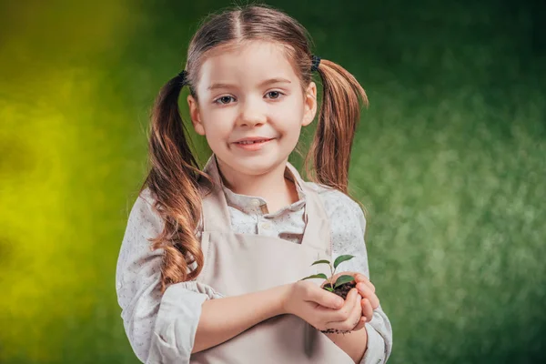 Niedliches Kind hält junge grüne Pflanze auf verschwommenem Hintergrund, Earth Day Konzept — Stockfoto