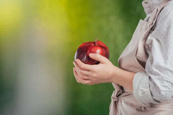 Vista parcial del niño sosteniendo manzana roja sobre fondo borroso, concepto del día de la tierra - foto de stock