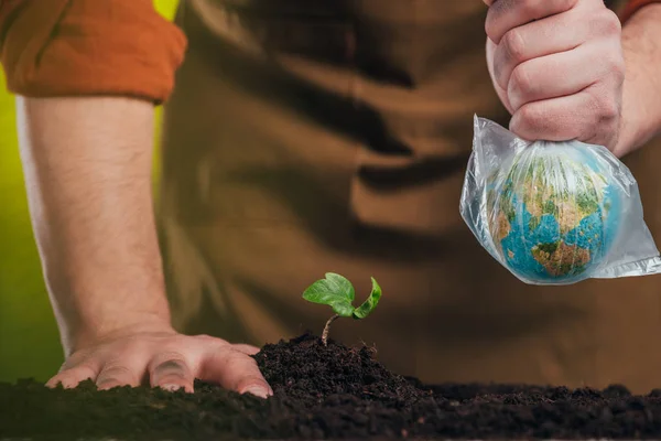 Selective focus of man planting young plant and holding globe model in plastic bag on blurred background, earth day concept — Stock Photo