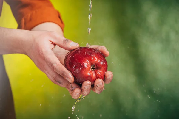 Enfoque selectivo del hombre lavando manzana bajo el agua que sopla sobre fondo borroso, concepto del día de la tierra - foto de stock