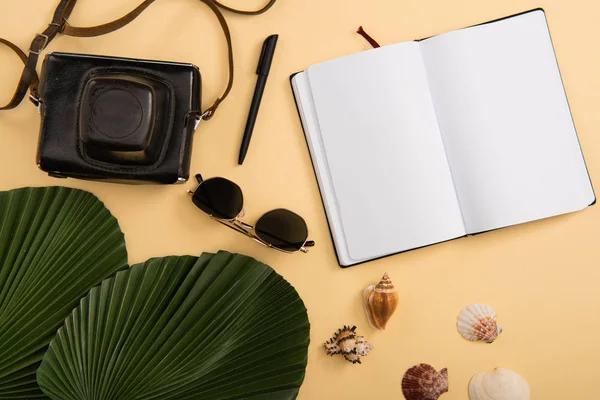 Top view of empty notebook, film camera, seashells, palm leaves and sunglasses on beige background — Stock Photo