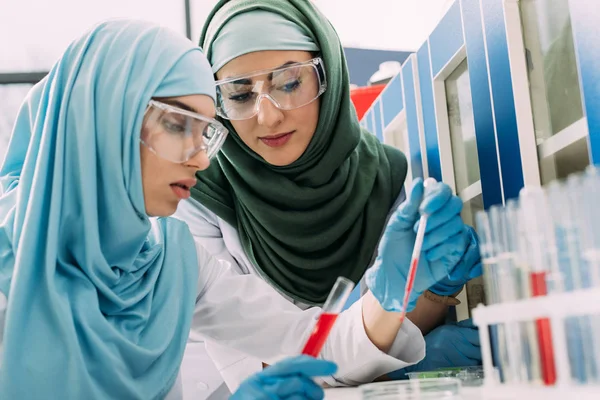 Female muslim scientists in protective goggles with pipette and test tube during experiment in chemical lab — Stock Photo