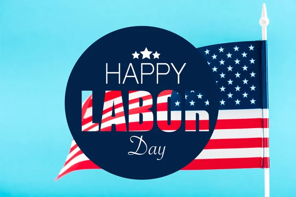 American flag with happy labor day lettering and stars isolated on blue — Stock Photo