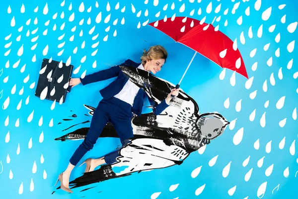 Top view of businesswoman in suit with umbrella and briefcase lying on blue background with swallow and rain illustration — Stock Photo