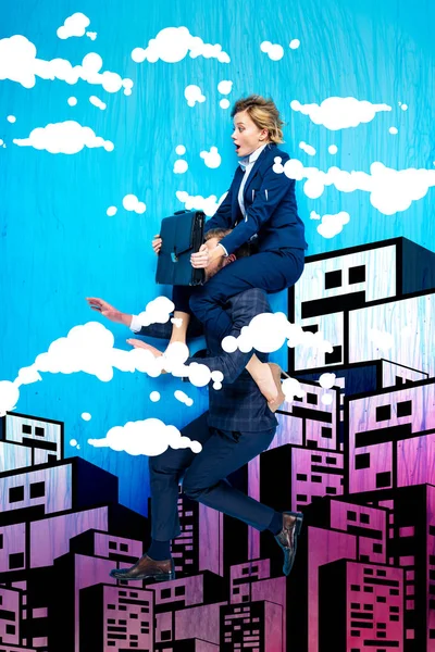 Shocked woman with briefcase sitting on businessman shoulders with city and clouds illustration on blue background — Stock Photo