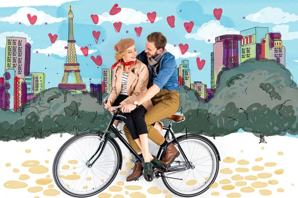 Happy elegant couple riding bike together with Paris illustration on background — Stock Photo