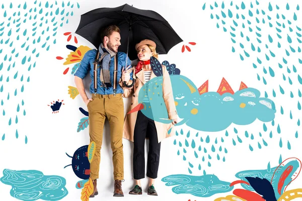 Happy elegant couple standing together under umbrella with rain and cloud illustration — Stock Photo