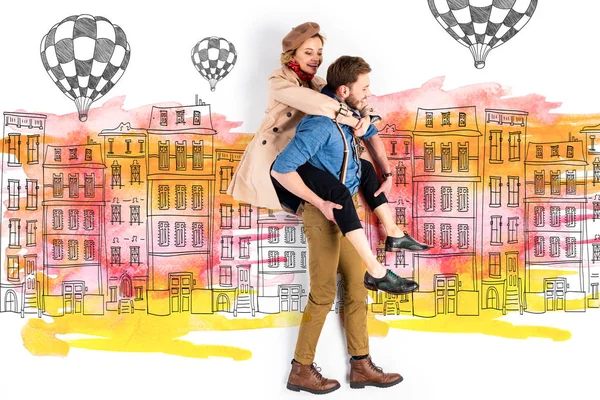 Boyfriend giving piggyback ride to elegant girlfriend with buildings and air balloons illustration on background — Stock Photo
