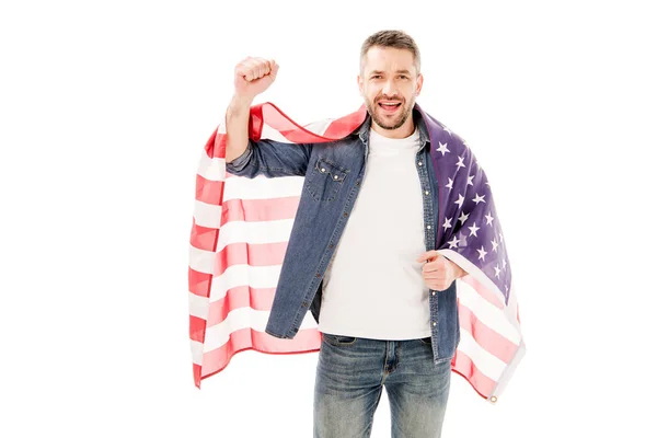 Front view of smiling bearded man holding american flag and showing yes gesture isolated on white — Stock Photo