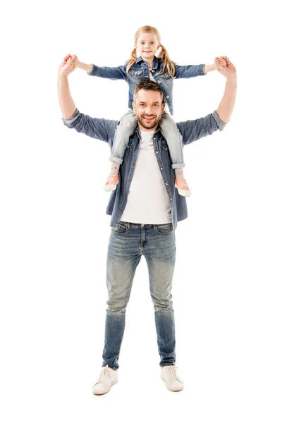 Full length view of smiling father holding daughter on shoulders isolated on white — Stock Photo