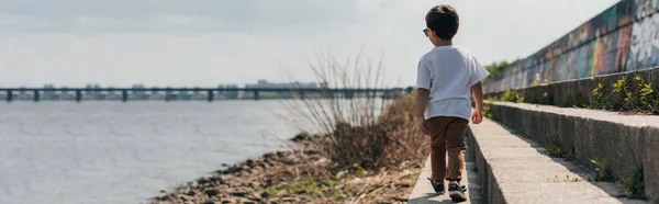 Horizontal Concept Boy Walking River — Stock Photo, Image