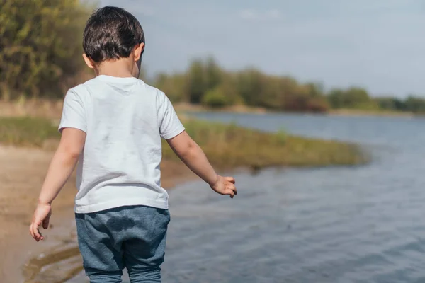 Back View Boy Standing Gesturing Pond — Stock Photo, Image