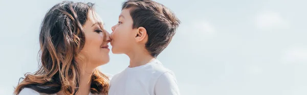 Horizontal Crop Cute Boy Kissing Nose Happy Mother — Stock Photo, Image