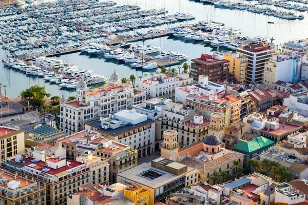 Aerail view over Alicante, Spain from castle of Santa Barbara. Panoramic view of the city and harbor.