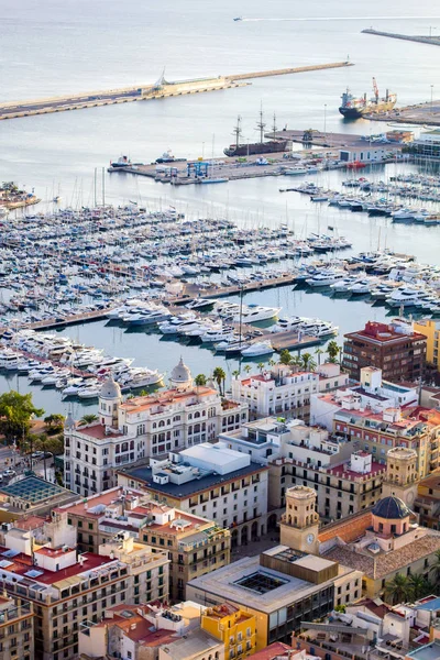 Aerail view over Alicante, Spain from castle of Santa Barbara. Panoramic view of the city and harbor.