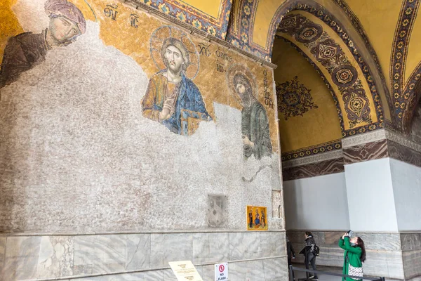 Menschen Erkunden Jesus Christus Pantokrator Detail Aus Deesis Byzantinisches Mosaik — Stockfoto