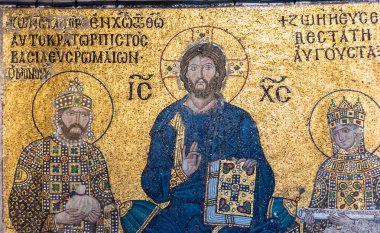 İsa'nın Bizans mozaik İmparatoriçe Zoe ve İmparator Constantine Ix Monomachus Ayasofya'nın, Yunan Ortodoks Hıristiyan Kilisesi ile tahta üzerinde oturuyor. Istanbul, Türkiye, Mart, 11 2017.