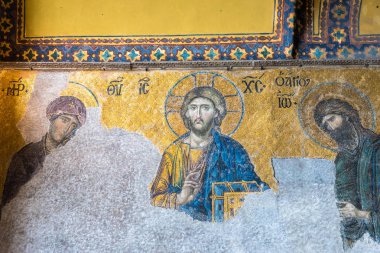 Kilise İsa Pantokrator, deesis Ayasofya, Yunan Ortodoks Hıristiyan Patriklik Bazilikası, Bizans mozaik detay. Istanbul, Türkiye, Mart, 11 2017.