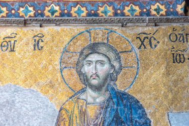 Kilise İsa Pantokrator, deesis Ayasofya, Yunan Ortodoks Hıristiyan Patriklik Bazilikası, Bizans mozaik detay. Istanbul, Türkiye, Mart, 11 2017.