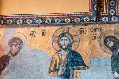 Kilise İsa Pantokrator, deesis Ayasofya, Yunan Ortodoks Hıristiyan Patriklik Bazilikası, Bizans mozaik detay. Istanbul, Türkiye, Mart, 11 2017.