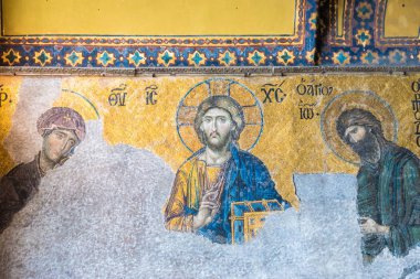 Kilise İsa Pantokrator, deesis Ayasofya, Yunan Ortodoks Hıristiyan Patriklik Bazilikası, Bizans mozaik detay. Istanbul, Türkiye, Mart, 11 2017.