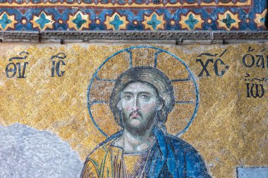 Kilise İsa Pantokrator, deesis Ayasofya, Yunan Ortodoks Hıristiyan Patriklik Bazilikası, Bizans mozaik detay. Istanbul, Türkiye, Mart, 11 2017.