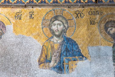 Kilise İsa Pantokrator, deesis Ayasofya, Yunan Ortodoks Hıristiyan Patriklik Bazilikası, Bizans mozaik detay. Istanbul, Türkiye, Mart, 11 2017.
