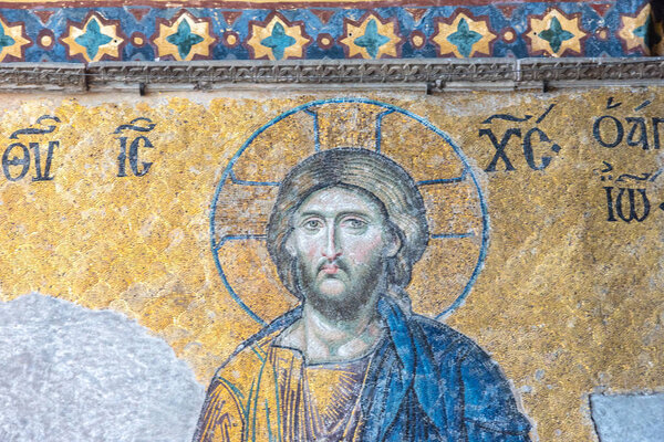 Jesus Christ Pantocrator,Detail from deesis Byzantine mosaic in Hagia Sophia,Greek Orthodox Christian patriarchal basilica,church.Istanbul, Turkey,March,11 2017.