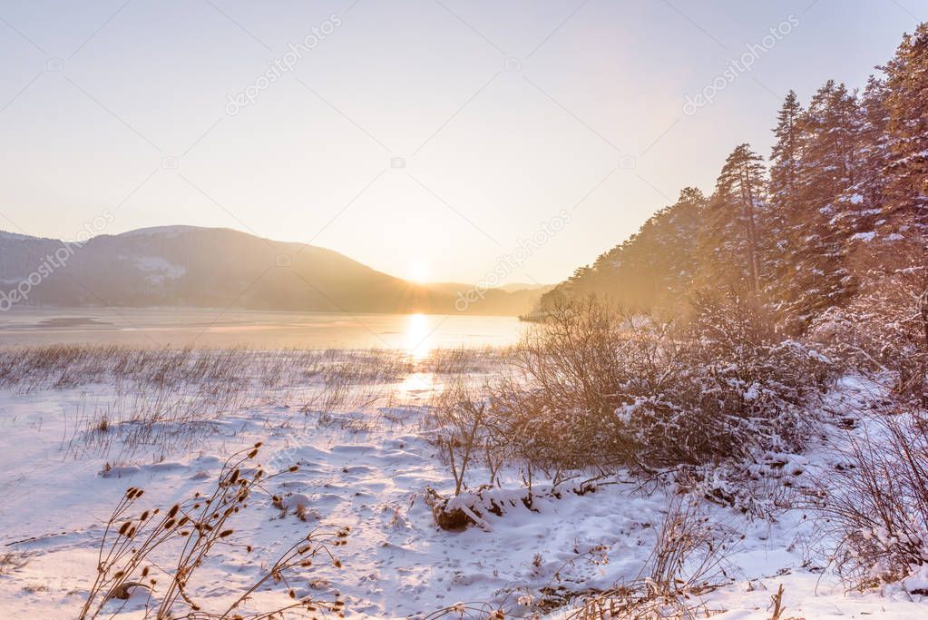 Landscape View of frozen Abant lake in Golcuk National Park in Bolu,Turkey.