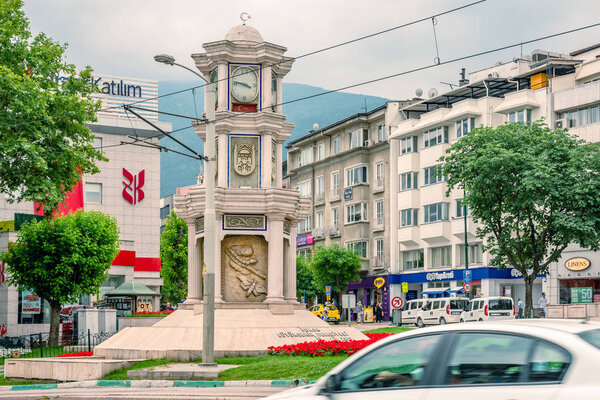 View of Historical ancient old  Clock Tower in city center of Bursa,Turkey.20 May 201