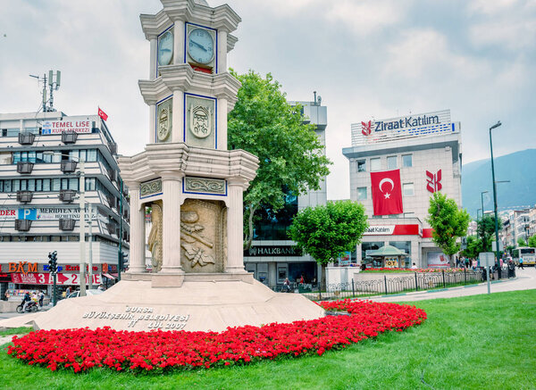 View of Historical ancient old  Clock Tower in city center of Bursa,Turkey.20 May 201