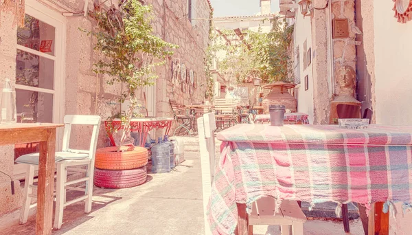 Retro Foto Filtro Efecto Calle Vista Del Distrito Alacati Cesme — Foto de Stock