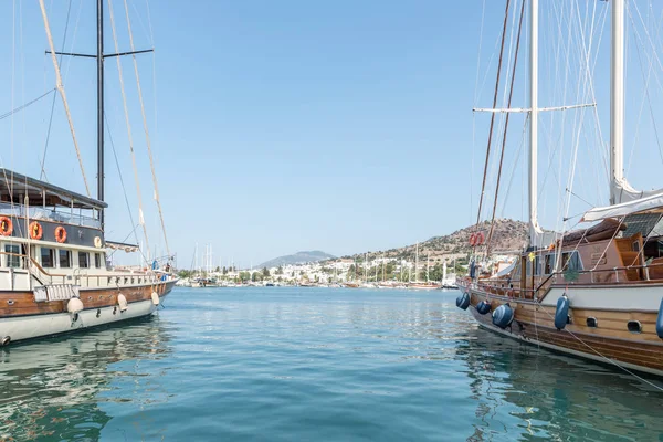 View of Marine with luxury yachts and sail yachts in Bodrum harbor.Bodrum,Turkey.23 August 2017.