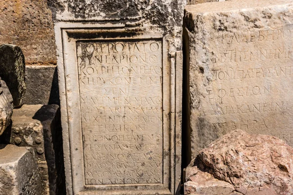 Ancient Scripture Marble Ruins Ephesus Historical Ancient City Selcuk Izmir — Stock Photo, Image