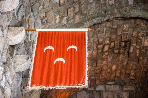 Islamic Ottoman Empire Flag hanging on wall of Castle of St. Pete or Bodrum Castle.Ottoman banners hanging in the English Tower