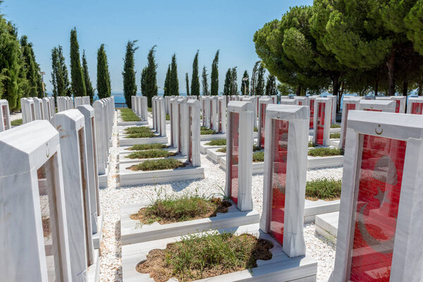 Canakkale Martyrs Memorial military cemetery is a war memorial commemorating the service of about Turkish soldiers who participated at the Battle of Gallipoli.