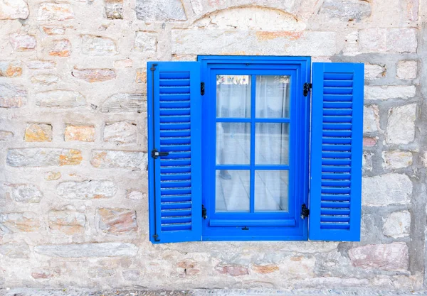View Blue Window White Stone Wall Background Bodrum Turkey — стоковое фото