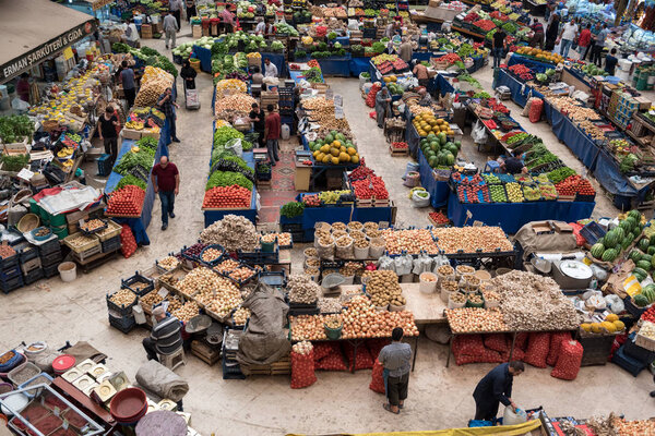 Top view of popular Melike Hatun Bazaar or kadinlar pazari(Women Bazaar) that is a traditional Turkish grocery bazaar where people buy Vegetables, fruits and spices in Konya,Turkey.28 August 2017