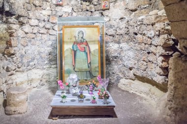 Saint Meryem(Mary,Marie) fresk Aya Tekla apsis yer altı Mağarası kilise olarak da bilinen Saint Aya Ayatekla, Aya Thekla, yıkık tarihi kilise Byzantine.Silifke,Mersin,Turkey olduğunu.