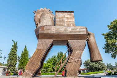 Troy.Wooden Truva Antik şehir at antik şehir Troy.Turkey, Çanakkale, 18 Ağustos 2017 yılında ünlü Truva atı