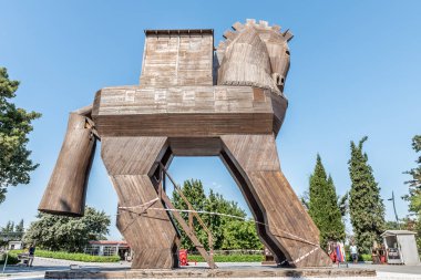 Troy.Wooden Truva Antik şehir at antik şehir Troy.Turkey, Çanakkale, 18 Ağustos 2017 yılında ünlü Truva atı