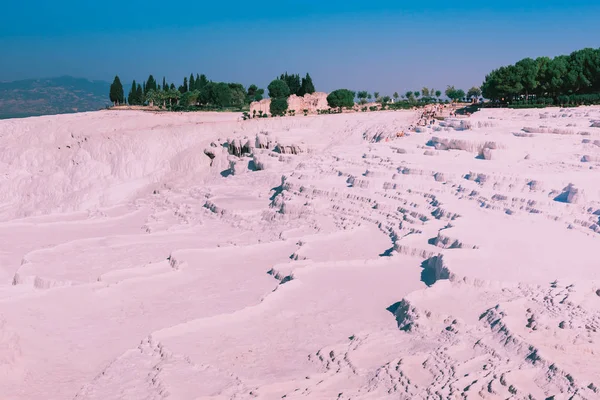 Hoge Resolutie Panorama Pamukkale Kasteel Van Katoen Dat Populair Bij — Stockfoto