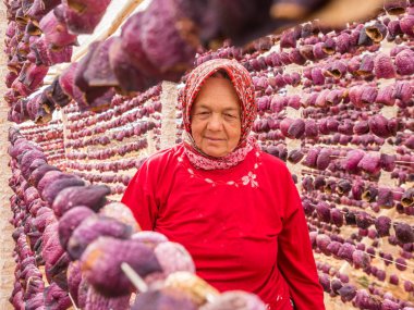 Kimliği belirsiz bir kadın patlıcan Eylül 2016 sun,Gaziantep,Turkey.03 sürecinde kurutma için kilitleniyor